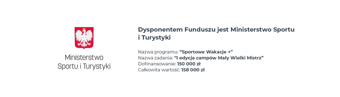 Informacje o dotacji dla projektu. Dysponentem Funduszu jest Ministerstwo Sportu i Turystyki.